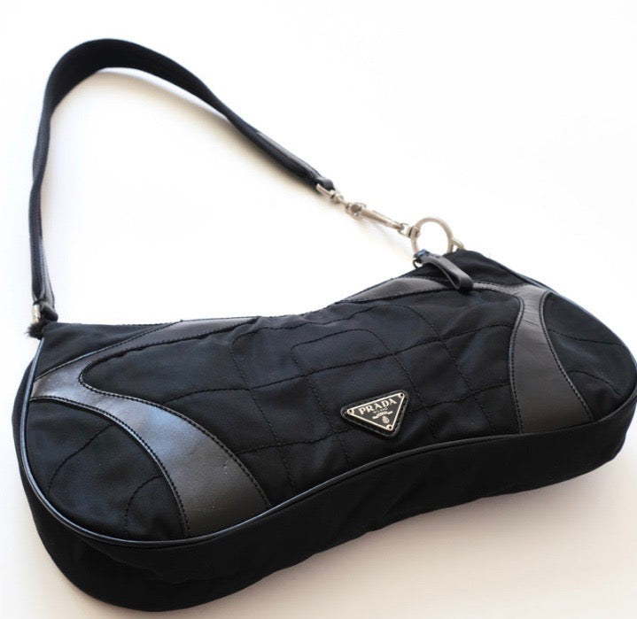 PRADA TESSUTO NYLON SOFT CALFSKIN LEATHER KIDNEY SHOULDER BAG