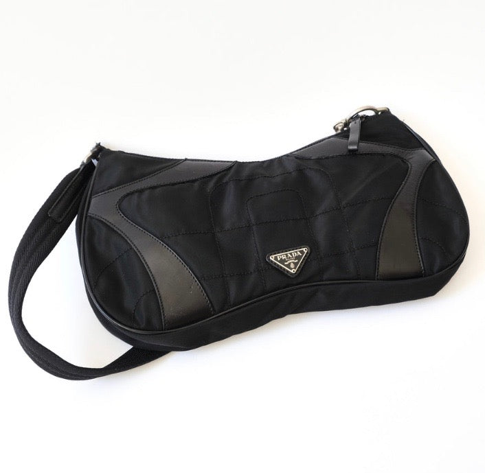 PRADA TESSUTO NYLON SOFT CALFSKIN LEATHER KIDNEY SHOULDER BAG