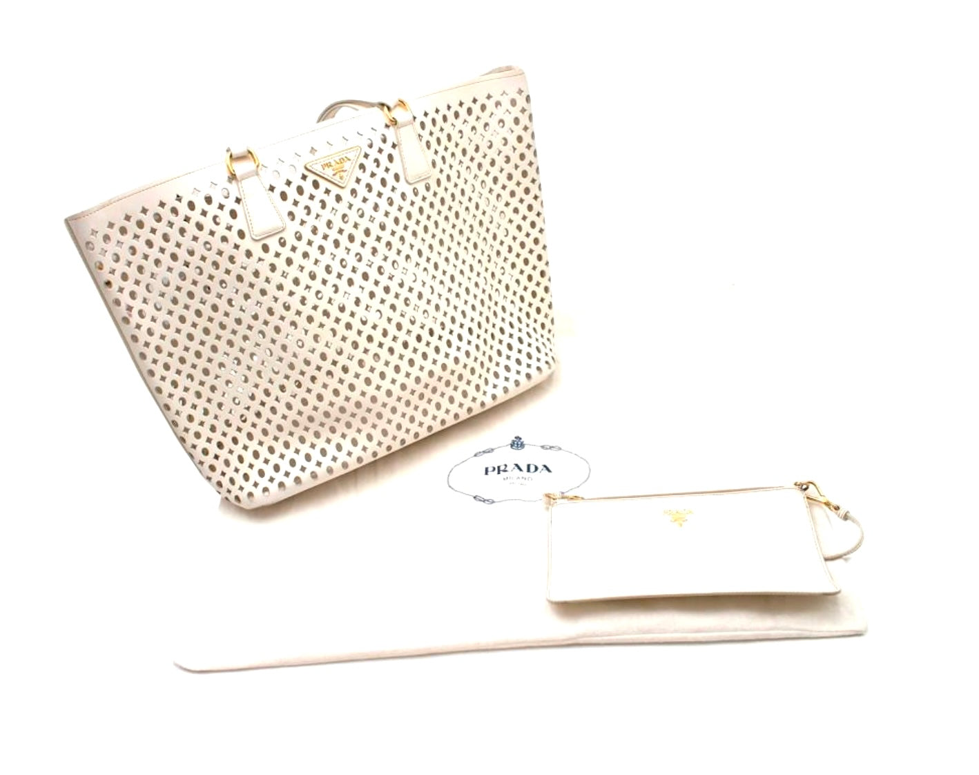 PRADA PERFORATED OFF WHITE LEATHER TOTE WITH POUCH