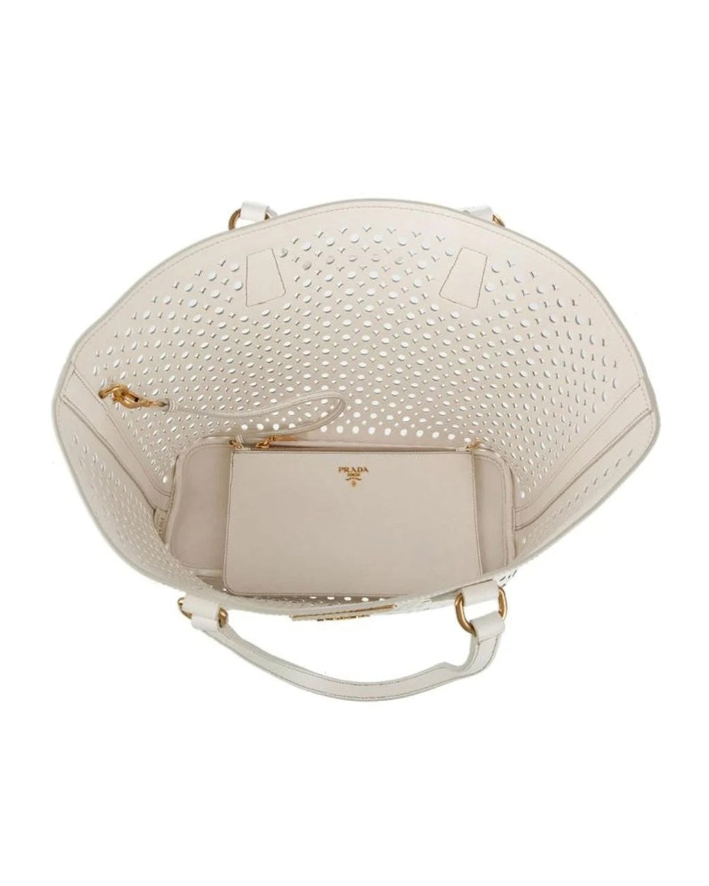 PRADA PERFORATED OFF WHITE LEATHER TOTE WITH POUCH