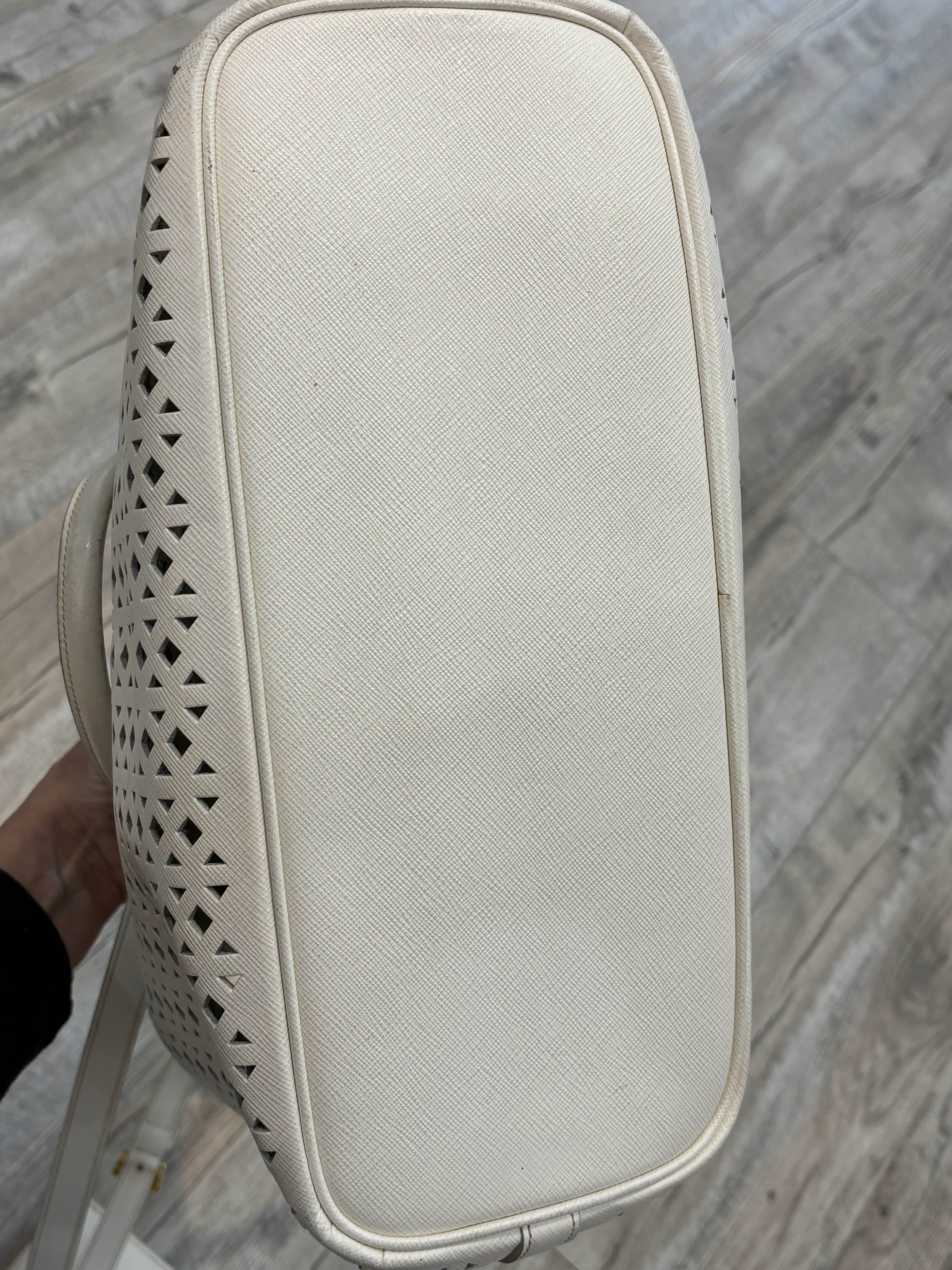 PRADA PERFORATED OFF WHITE LEATHER TOTE WITH POUCH