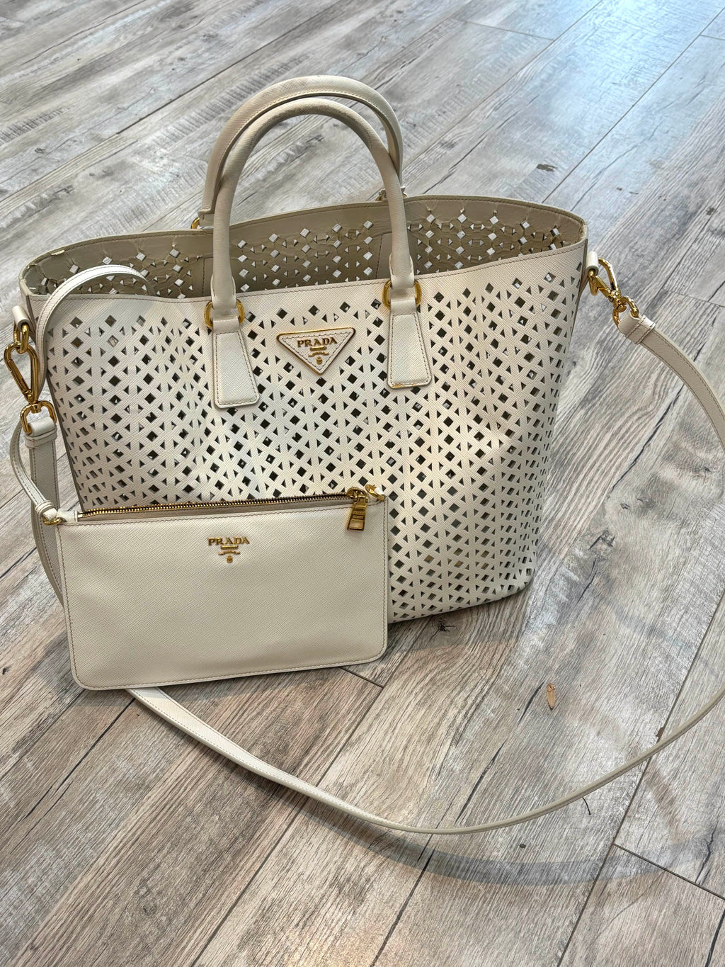 PRADA PERFORATED OFF WHITE LEATHER TOTE WITH POUCH