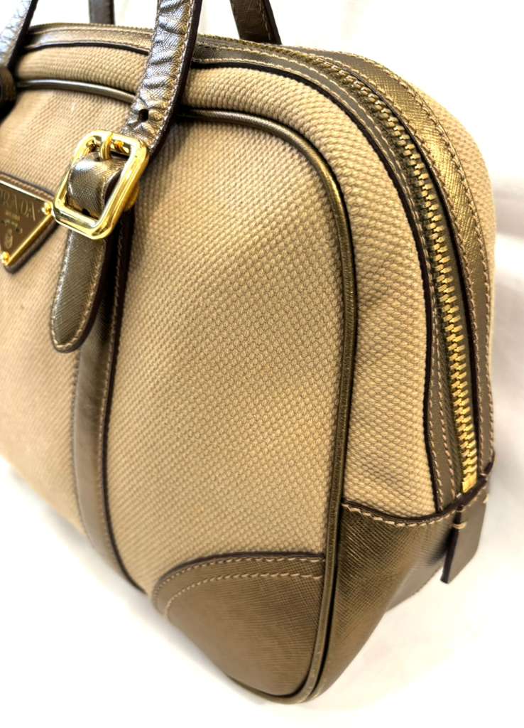 PRADA SAFFIANO LEATHER TRIMMED BOWLER BAG