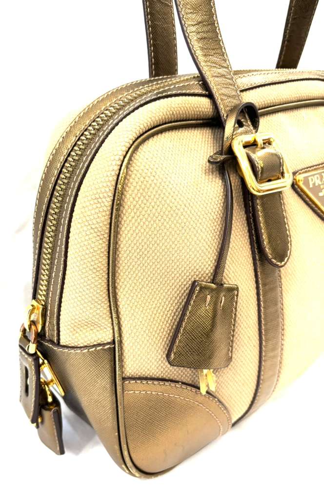 PRADA SAFFIANO LEATHER TRIMMED BOWLER BAG