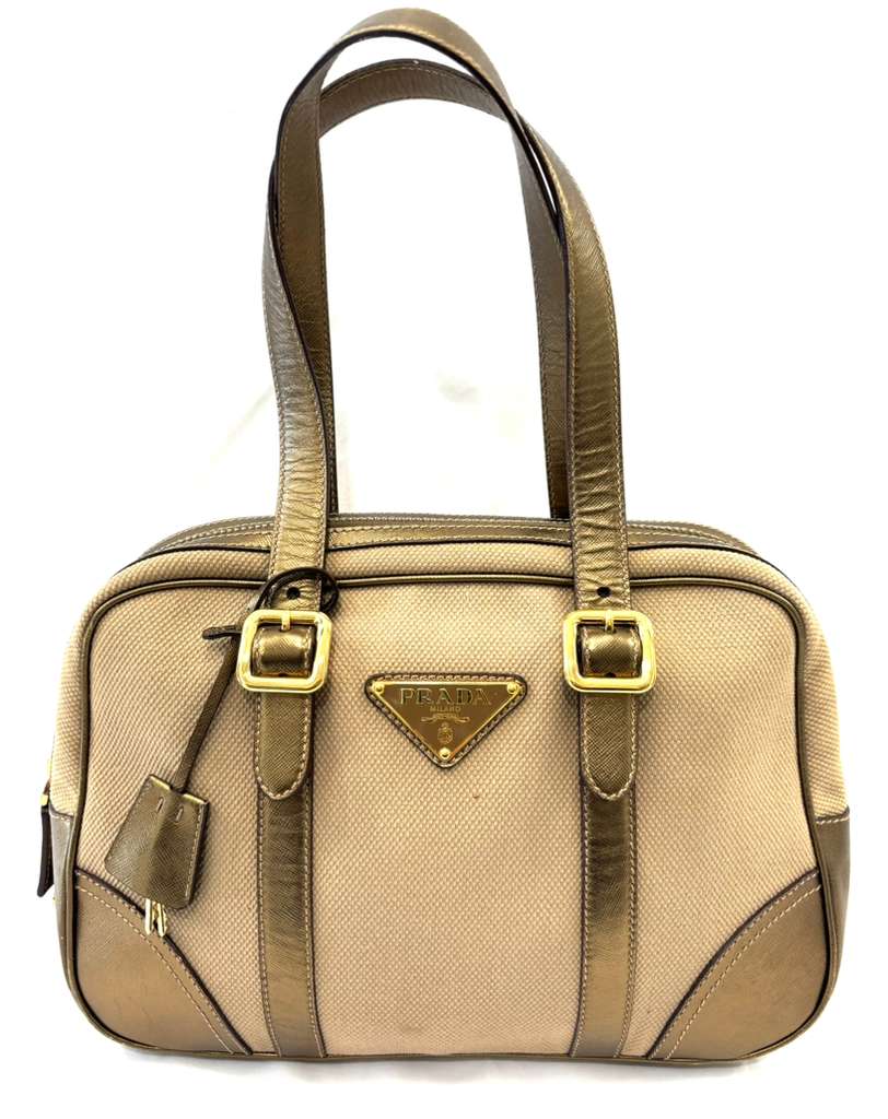 PRADA SAFFIANO LEATHER TRIMMED BOWLER BAG