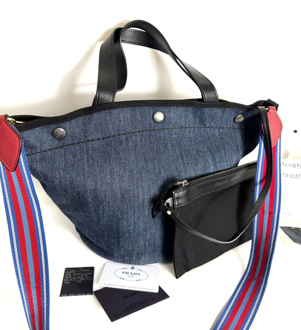PRADA 2-WAY DENIM LOGO TOTE BAG WITH SHOULDER STRAP