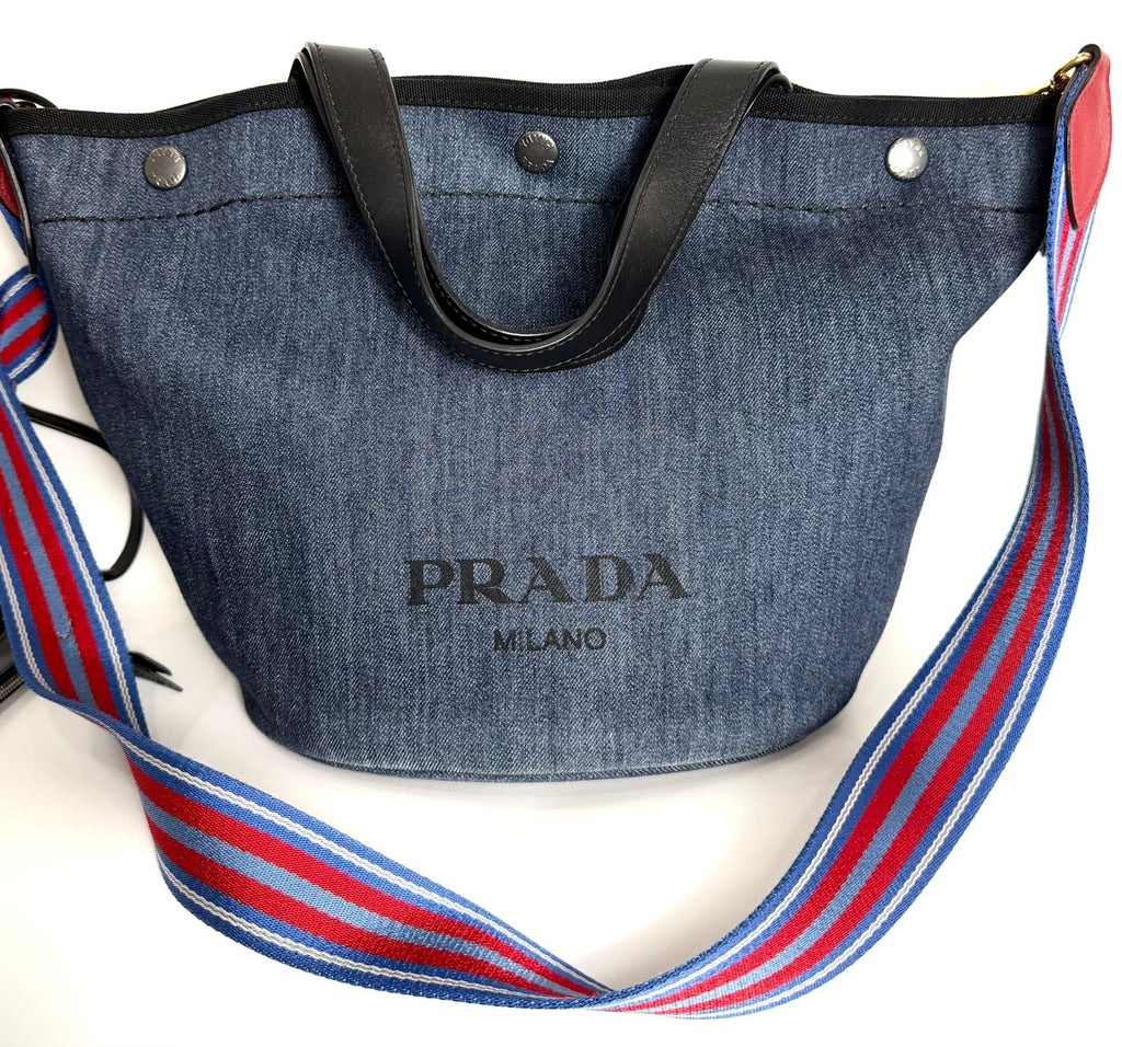 PRADA 2-WAY DENIM LOGO TOTE BAG WITH SHOULDER STRAP