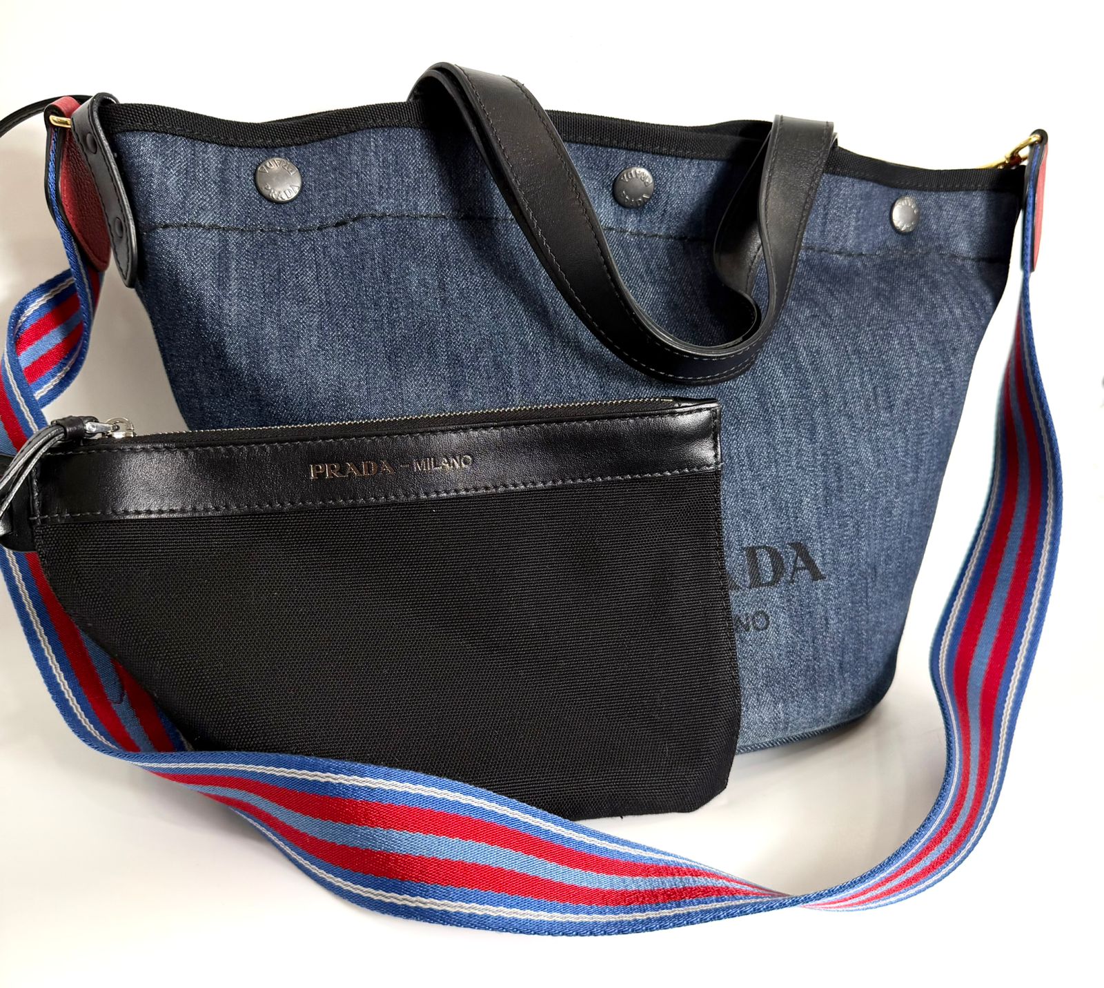PRADA 2-WAY DENIM LOGO TOTE BAG WITH SHOULDER STRAP