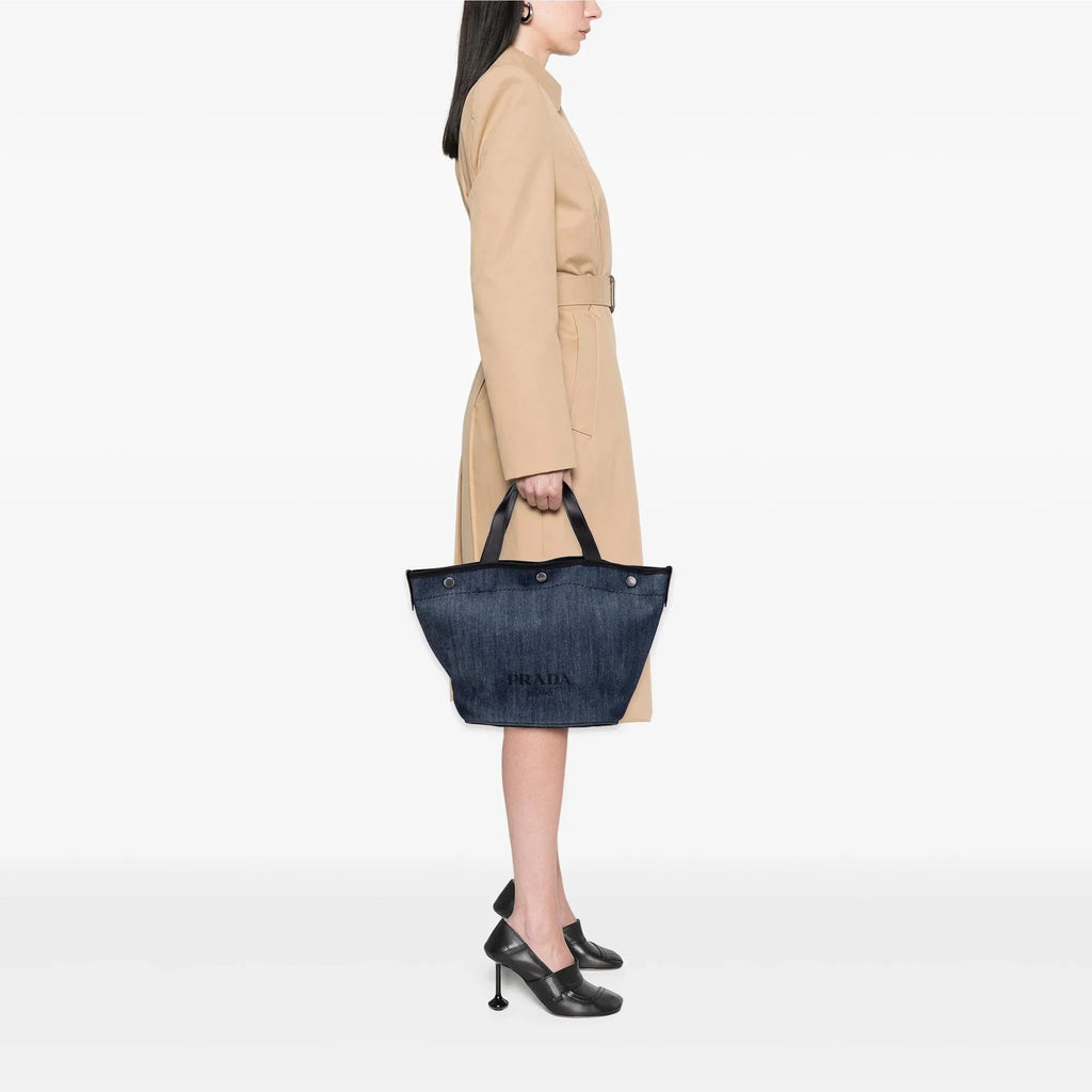 PRADA 2-WAY DENIM LOGO TOTE BAG WITH SHOULDER STRAP