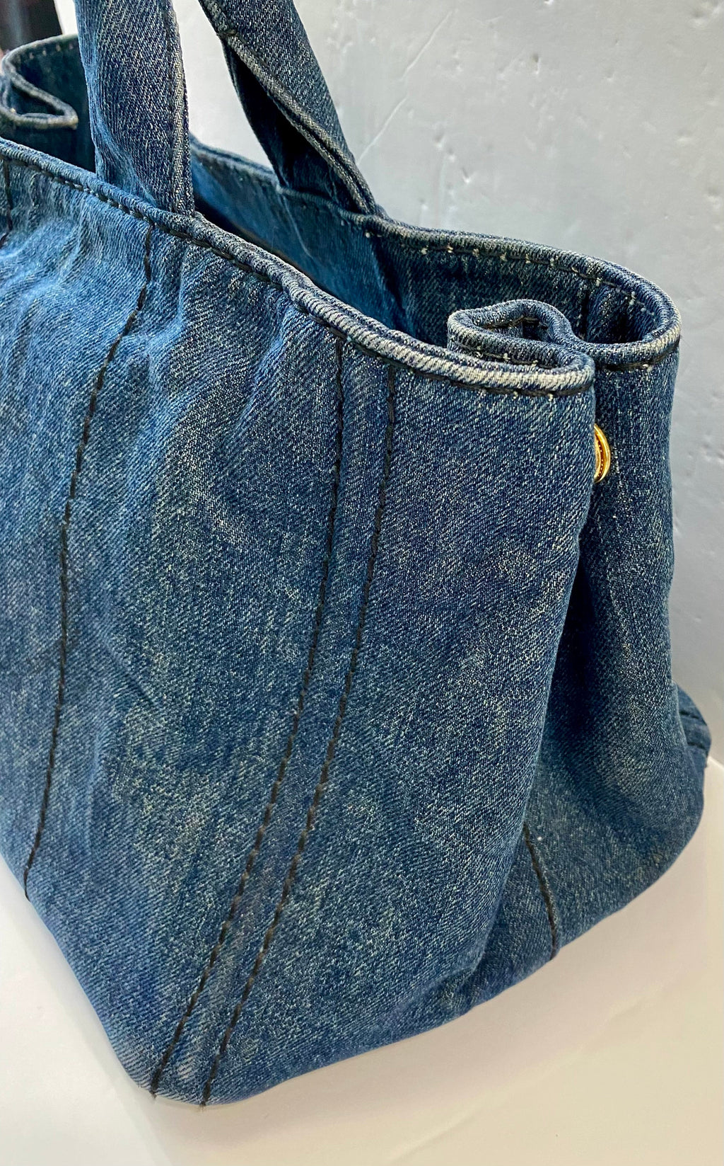 PRADA CANAPA DENIM SHOPPER TOTE BAG