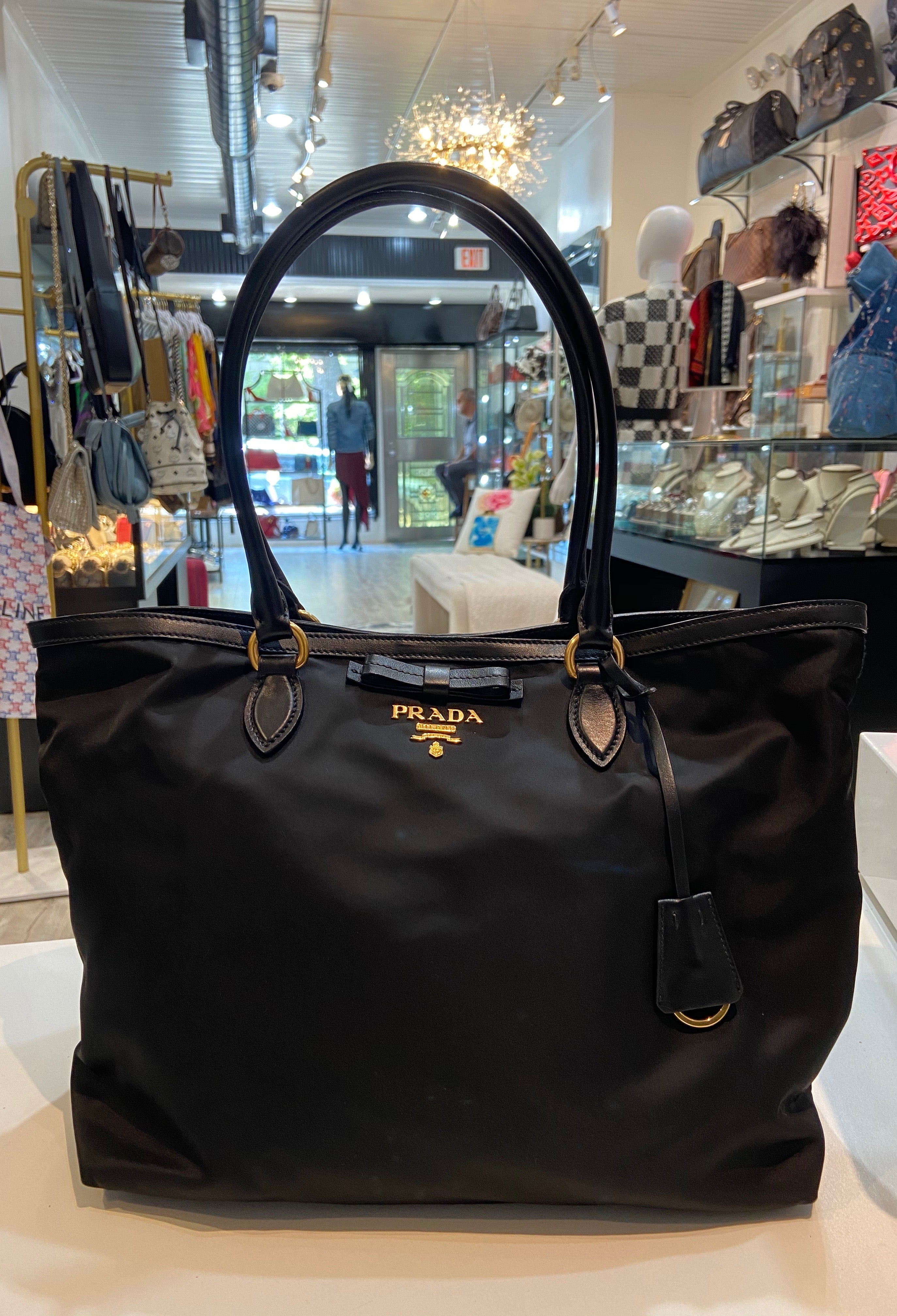 PRADA TESSUTO NYLON & CALFSKIN LEATHER SHOPPING TOTE BAG