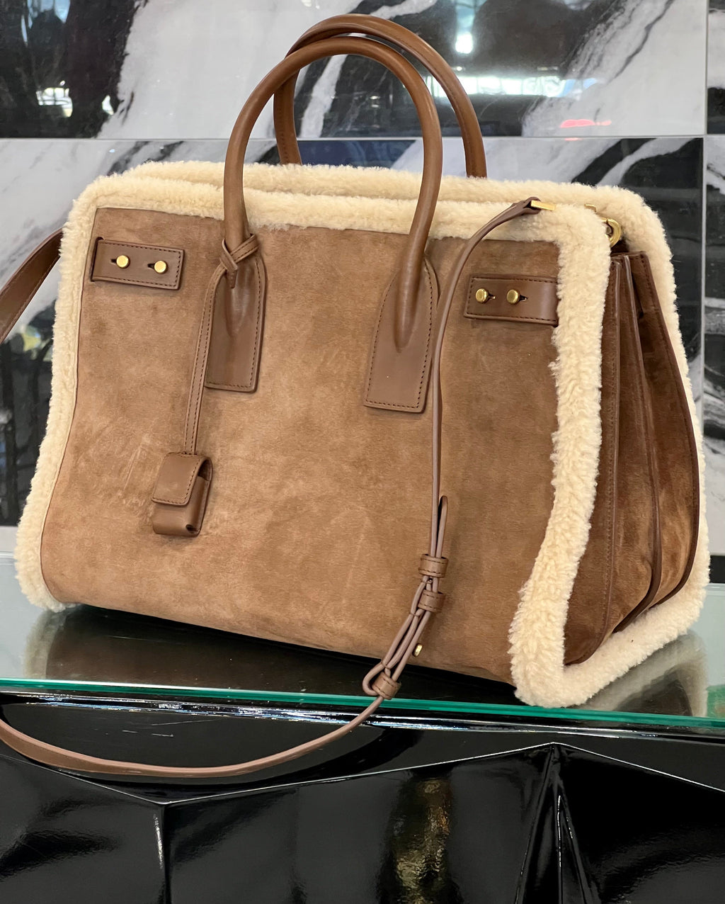 SAINT LAURENT SAC DE JOUR SHEARLING TRIM LEATHER TOTE BAG
