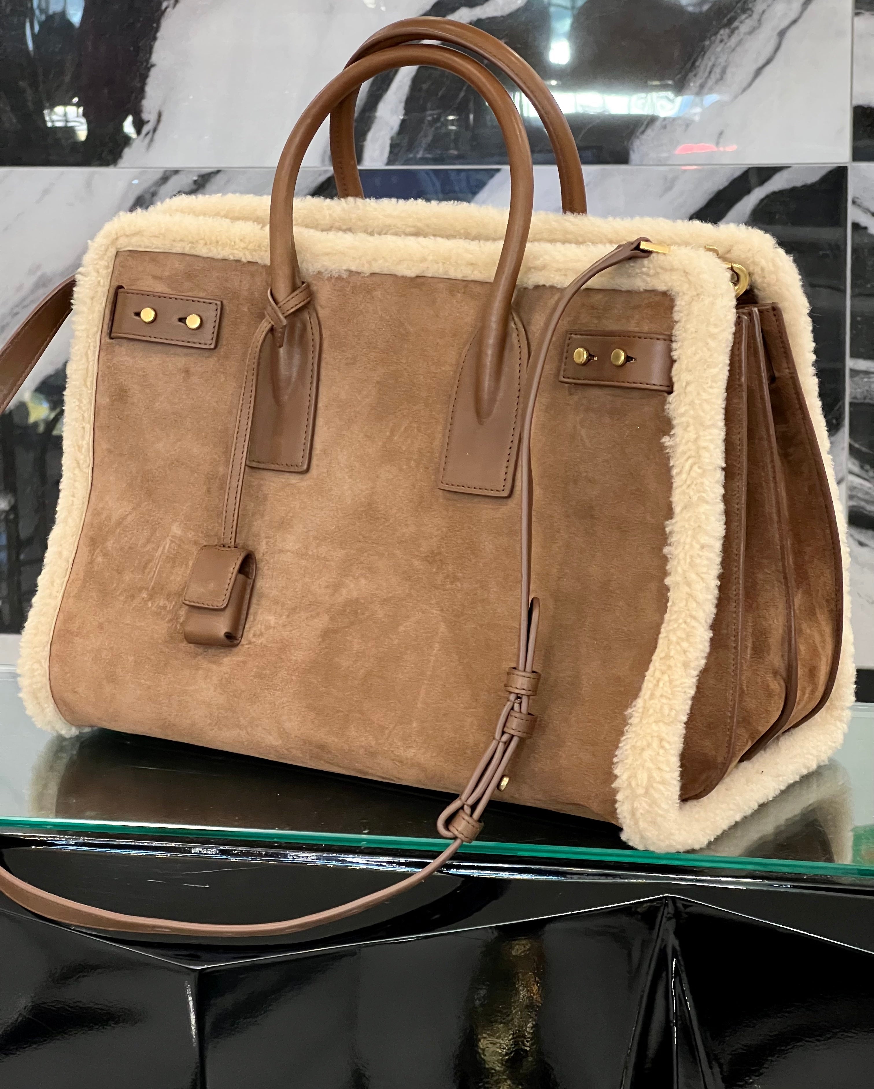 SAINT LAURENT SAC DE JOUR SHEARLING TRIM LEATHER TOTE BAG