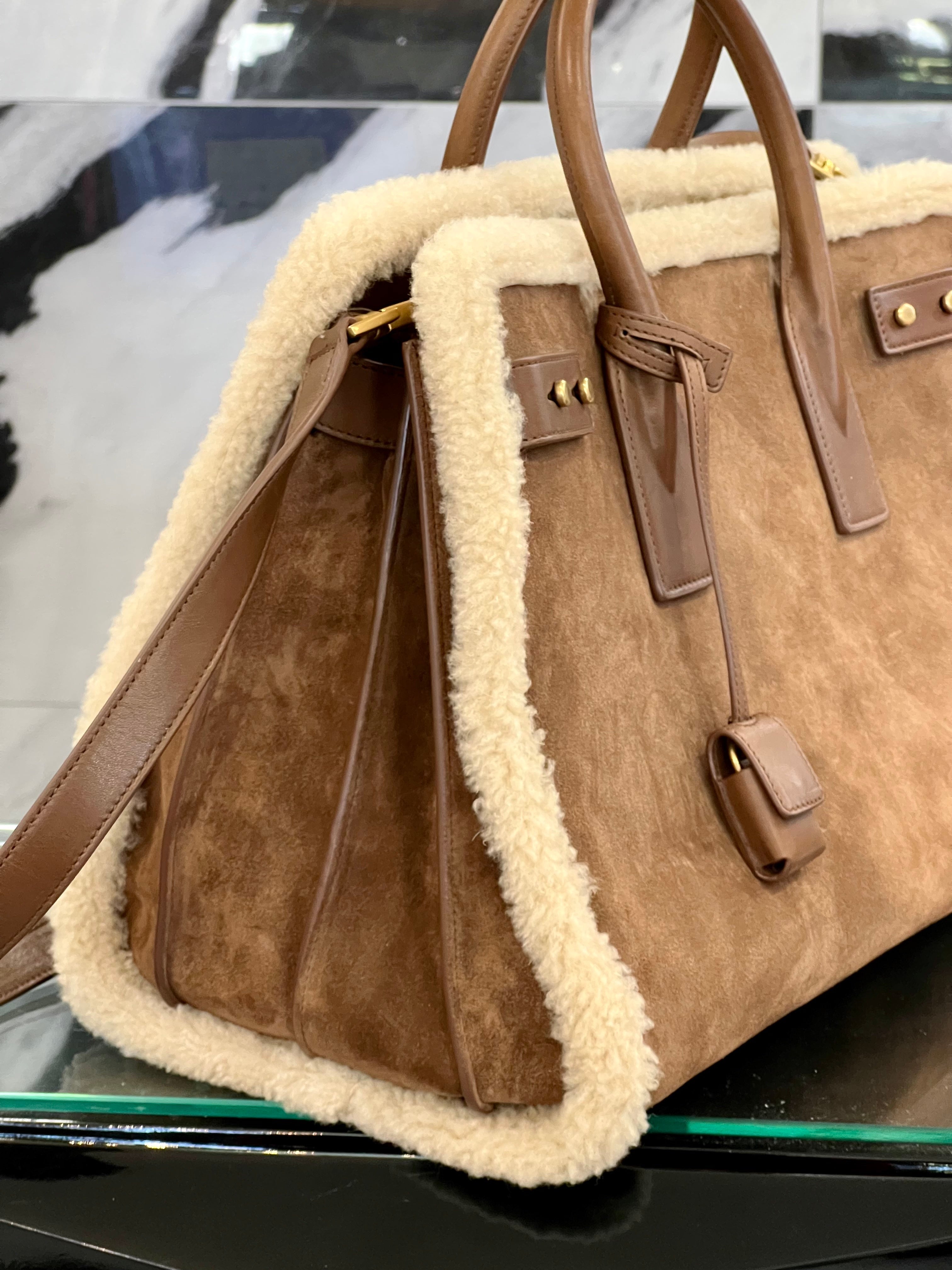 SAINT LAURENT SAC DE JOUR SHEARLING TRIM LEATHER TOTE BAG