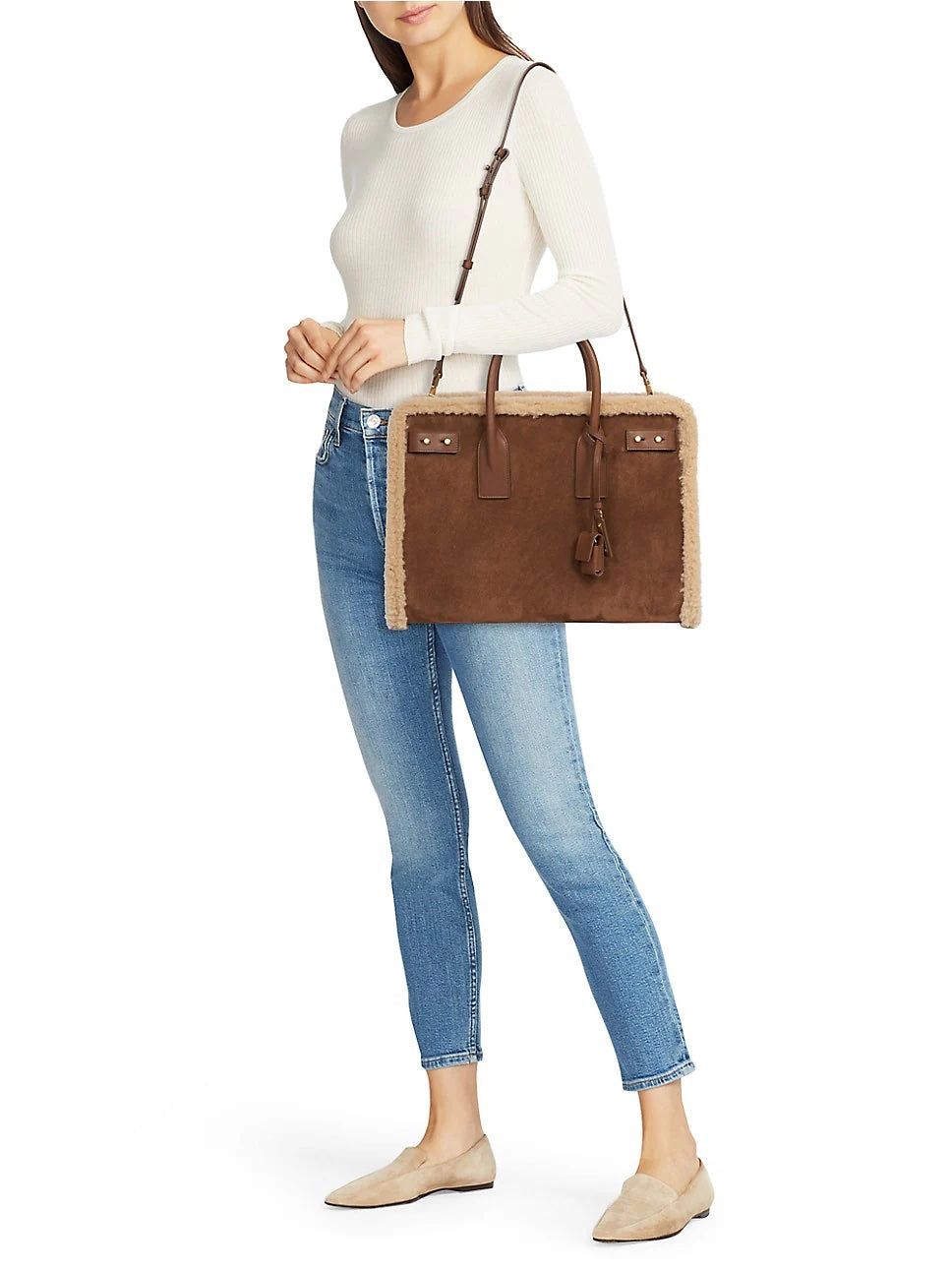 SAINT LAURENT SAC DE JOUR SHEARLING TRIM LEATHER TOTE BAG