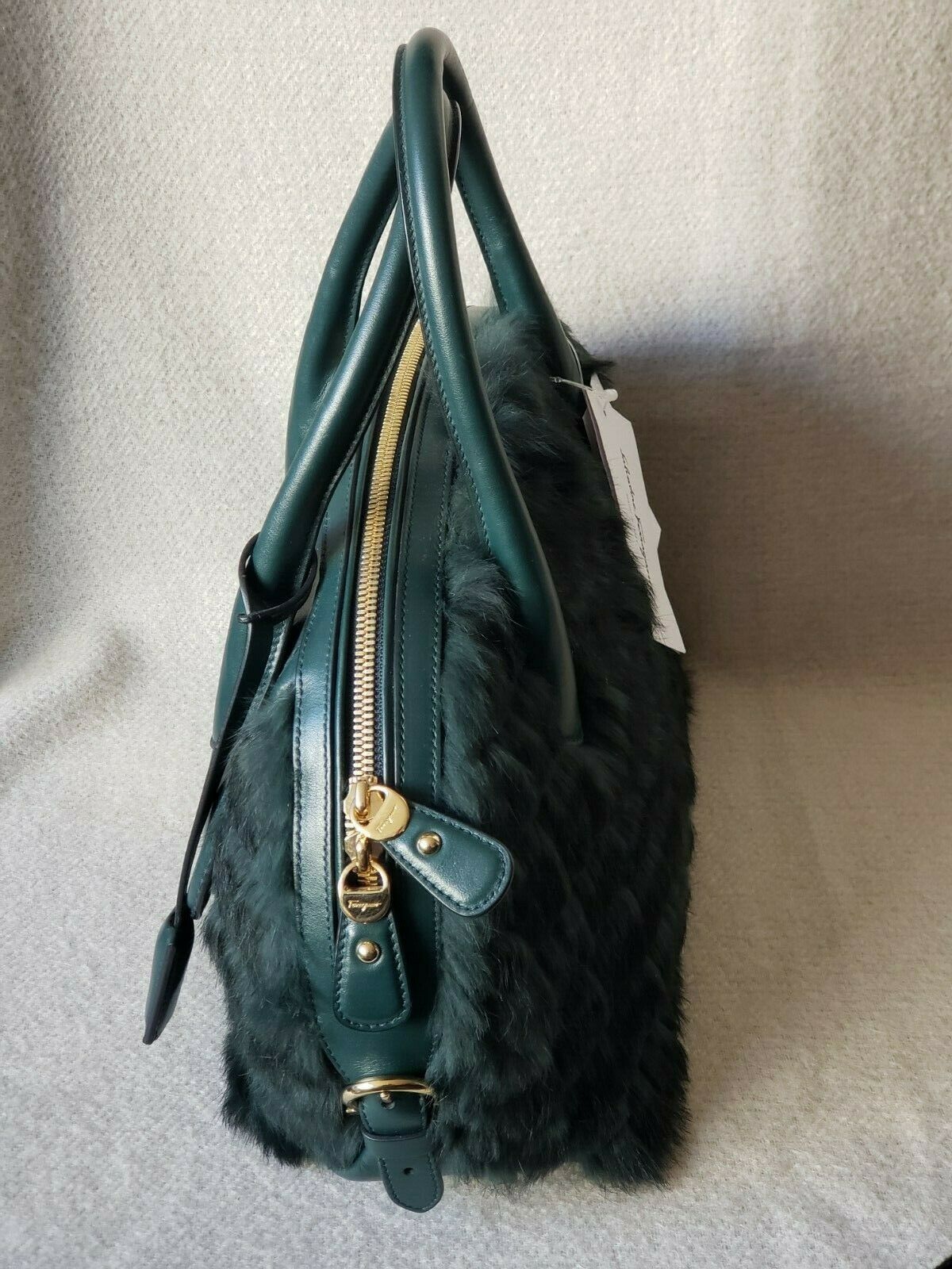 SALVATORE FERRAGAMO FIAMMA GREEN RABBIT FUR SATCHEL