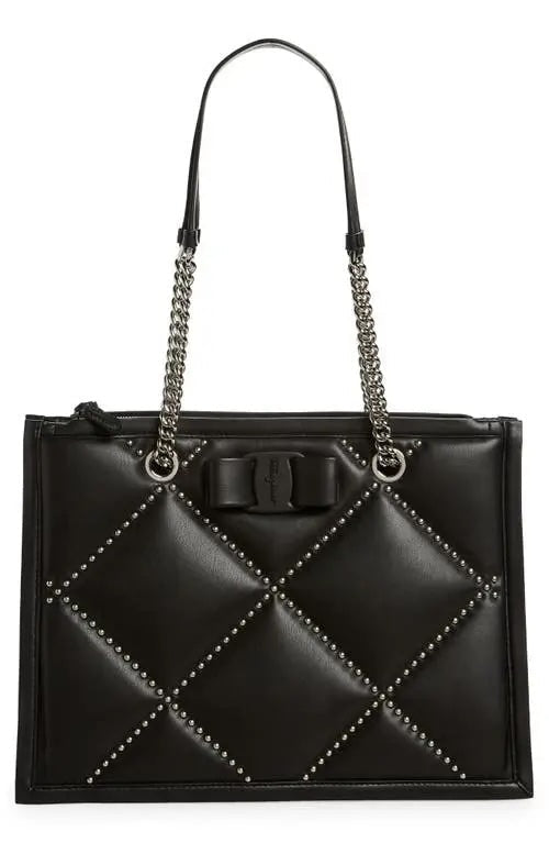 FERRAGAMO QUILTED GOATSKIN LEATHER VIVA BOW CHAIN TOTE