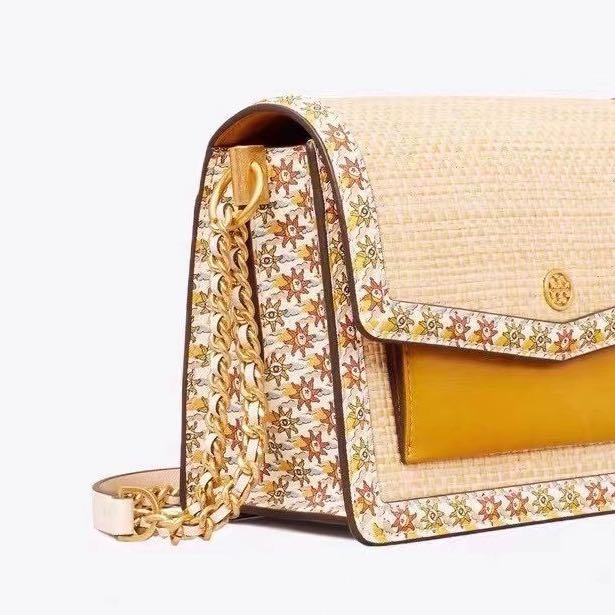 TORY BURCH ROBINSON STRAW & LEATHER CONVERTIBLE SHOULDER BAG