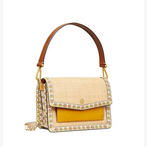 TORY BURCH ROBINSON STRAW & LEATHER CONVERTIBLE SHOULDER BAG