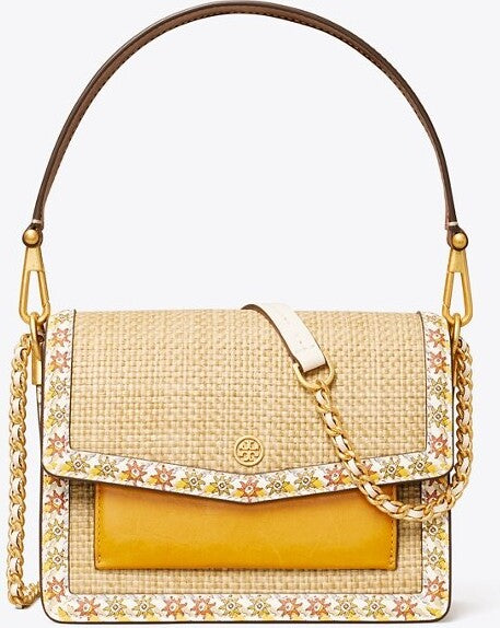 TORY BURCH ROBINSON STRAW & LEATHER CONVERTIBLE SHOULDER BAG