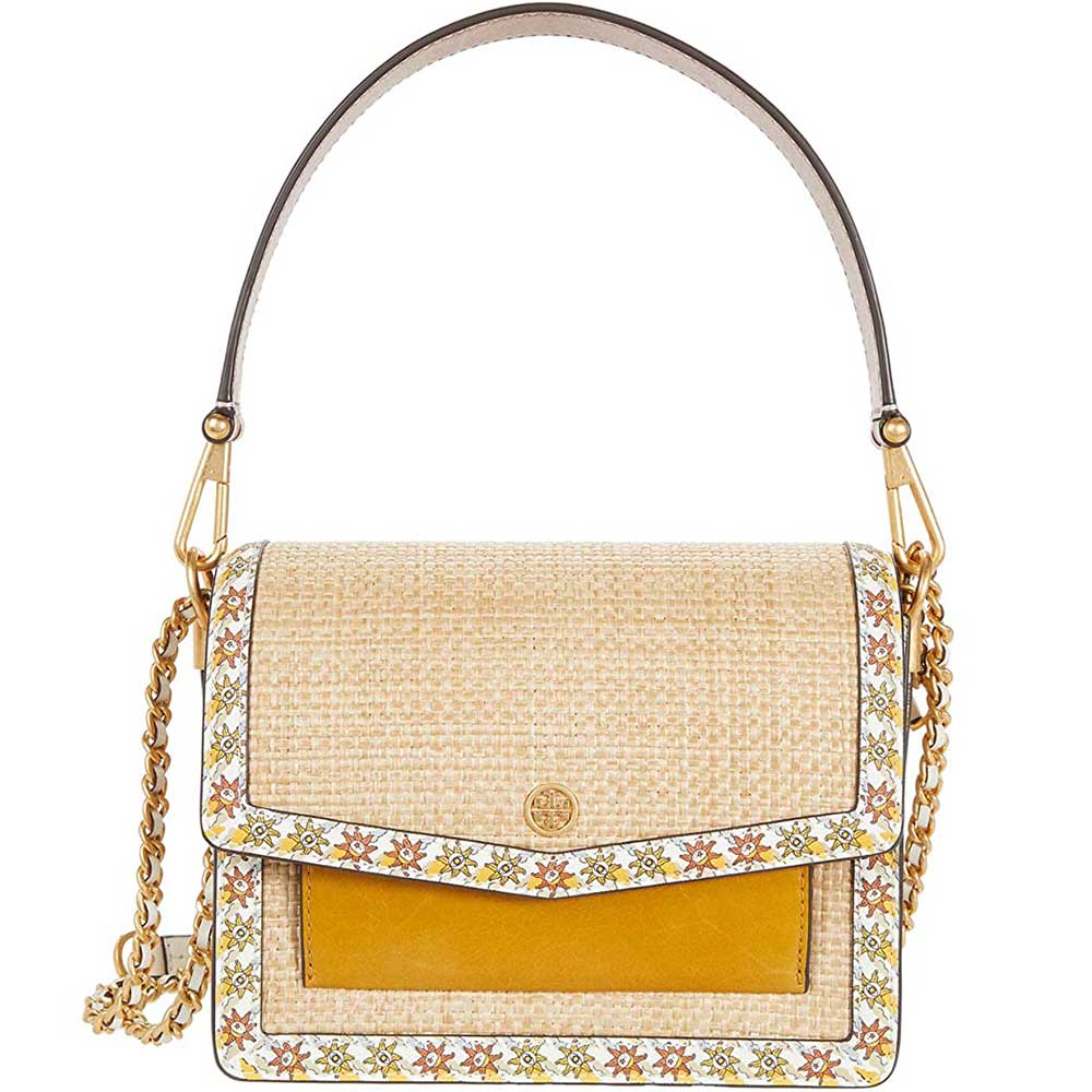 TORY BURCH ROBINSON STRAW & LEATHER CONVERTIBLE SHOULDER BAG