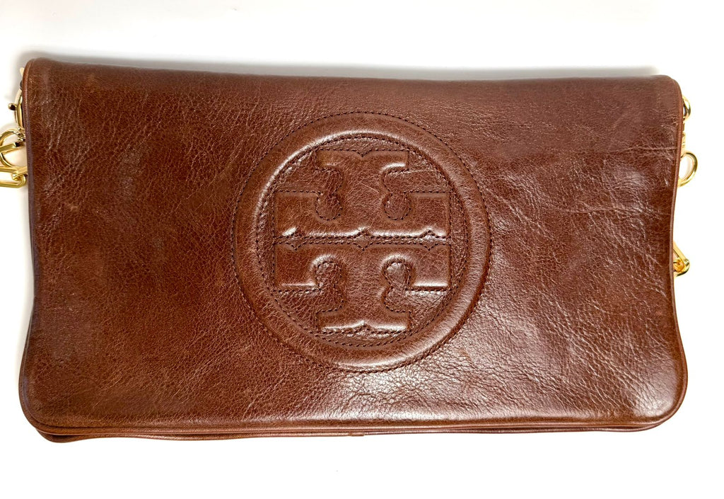 TORY BURCH CALFSKIN LEATHER REVA CLUTCH WITH CHAIN