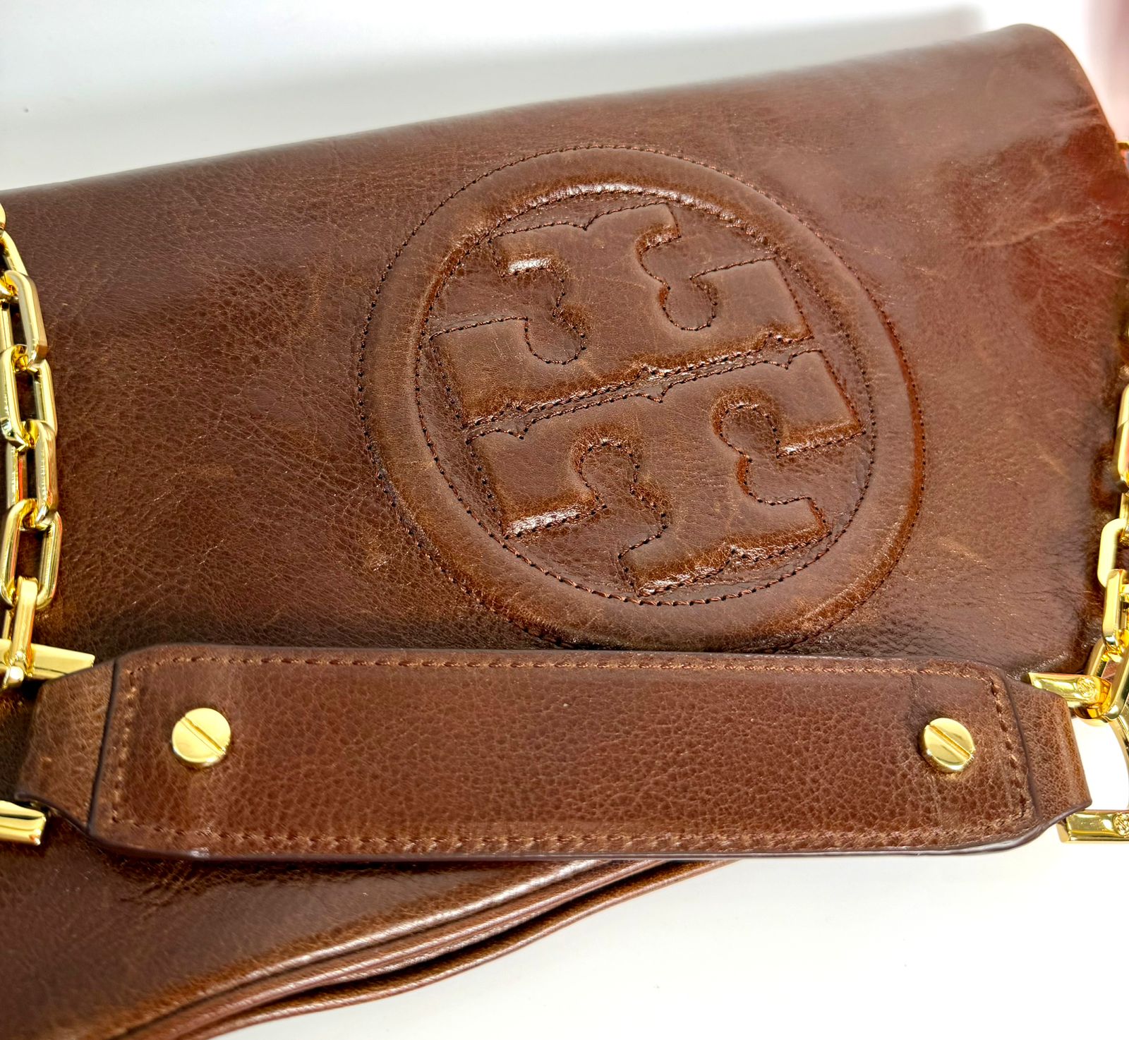 TORY BURCH CALFSKIN LEATHER REVA CLUTCH WITH CHAIN