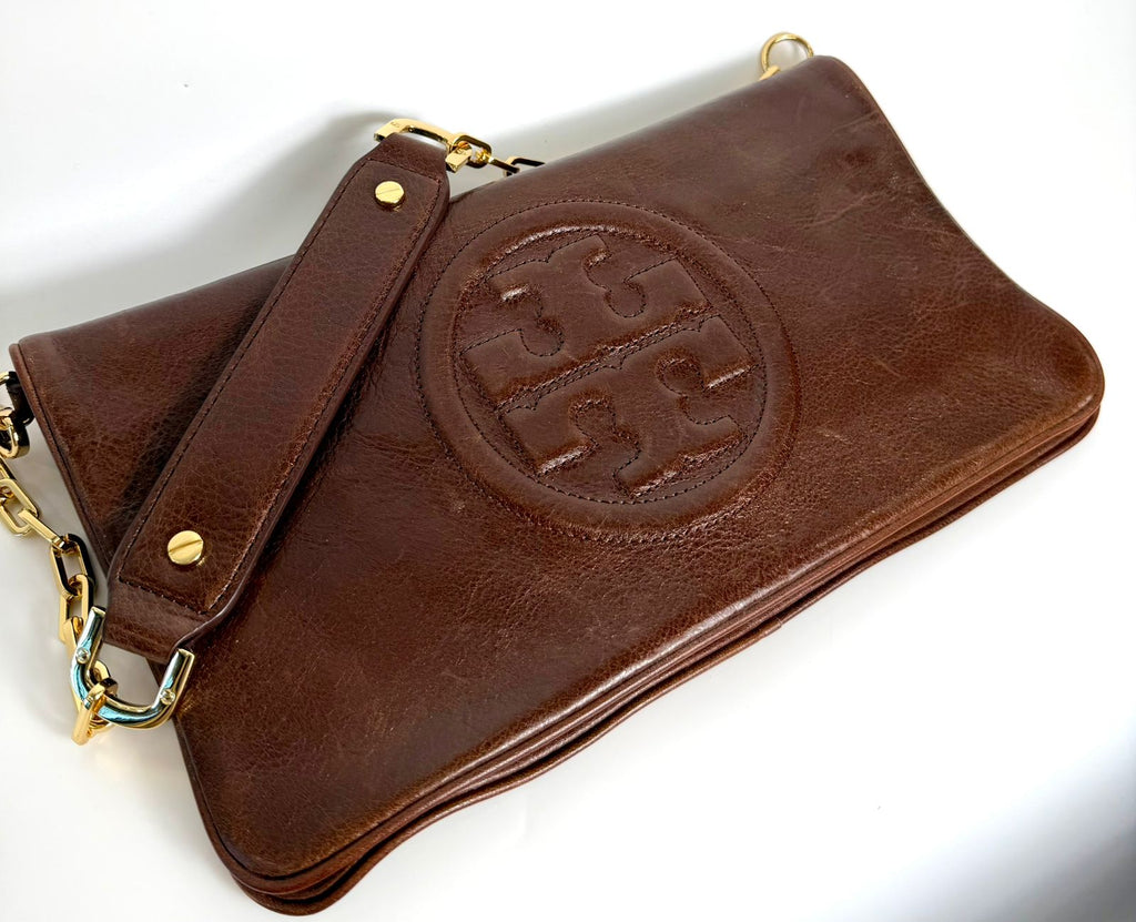TORY BURCH CALFSKIN LEATHER REVA CLUTCH WITH CHAIN