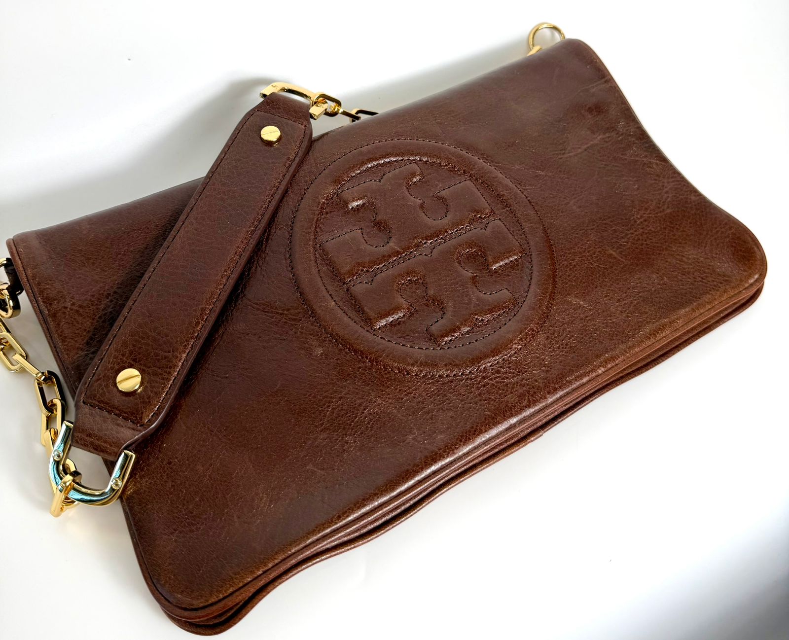 TORY BURCH CALFSKIN LEATHER REVA CLUTCH WITH CHAIN