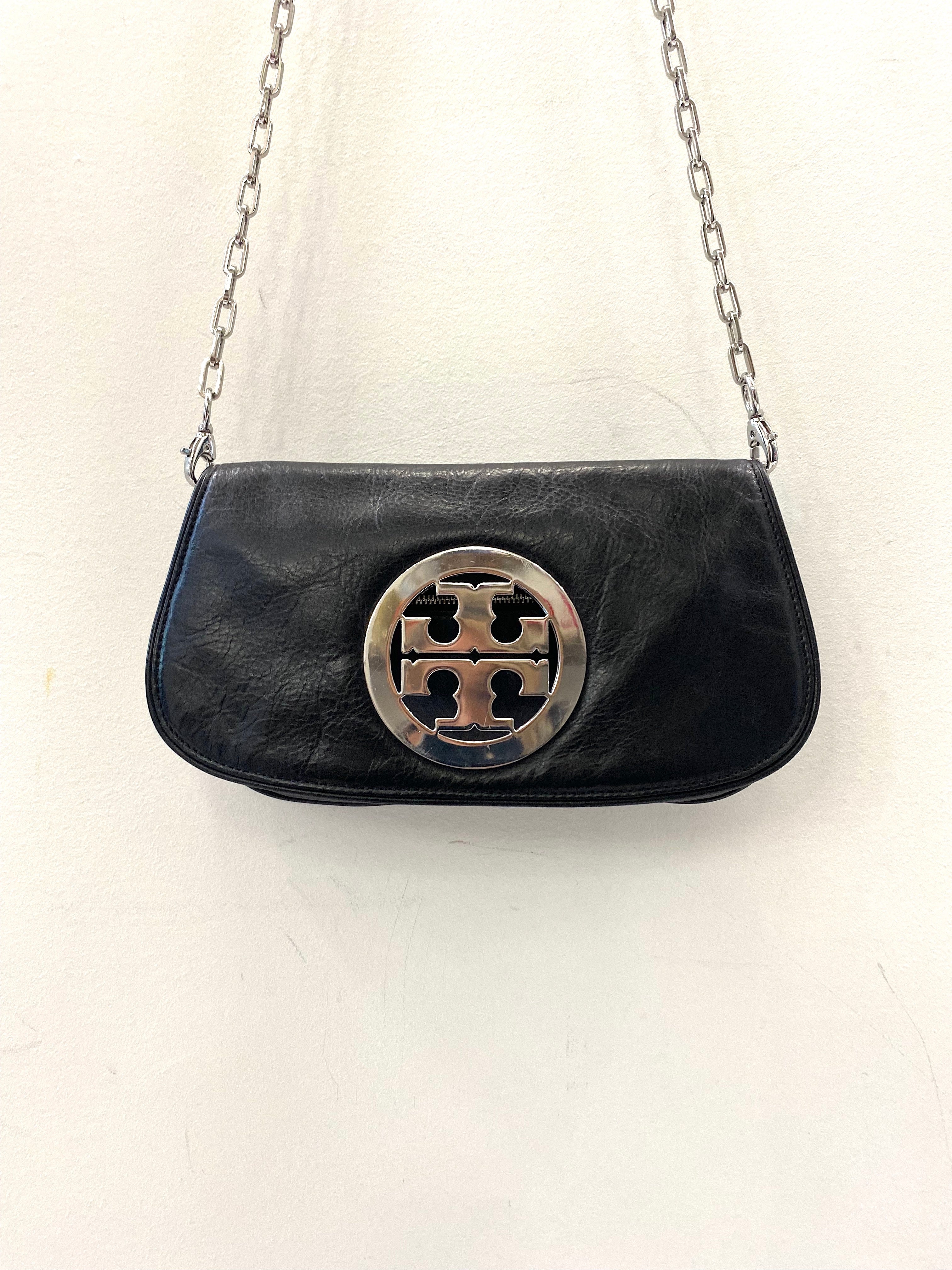 TORY BURCH LEATHER REVA CLUTCH WITH CHAIN
