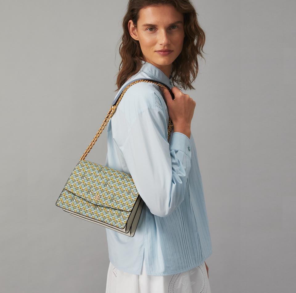 TORY BURCH ROBINSON CONVERTIBLE BASKET WEAVE LOGO LEATHER SHOULDER BAG