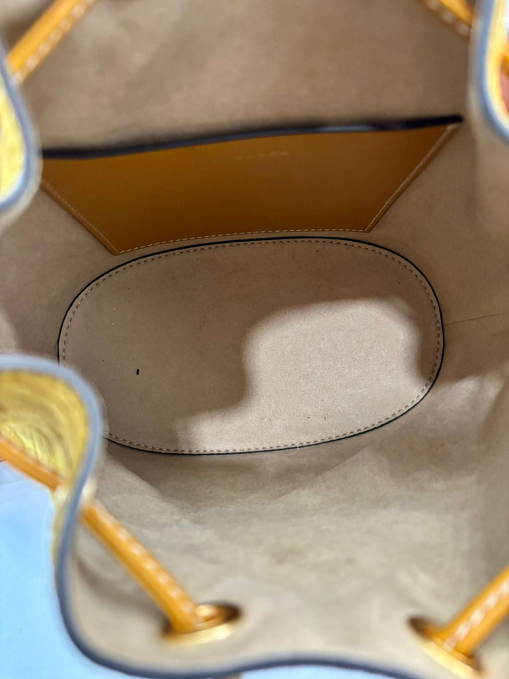 TORY BURCH MONOGRAM EMBOSSED SUEDE BUCKET BAG