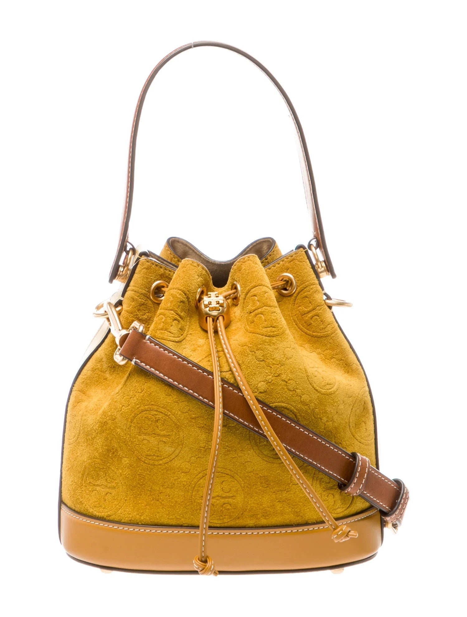 TORY BURCH MONOGRAM EMBOSSED SUEDE BUCKET BAG