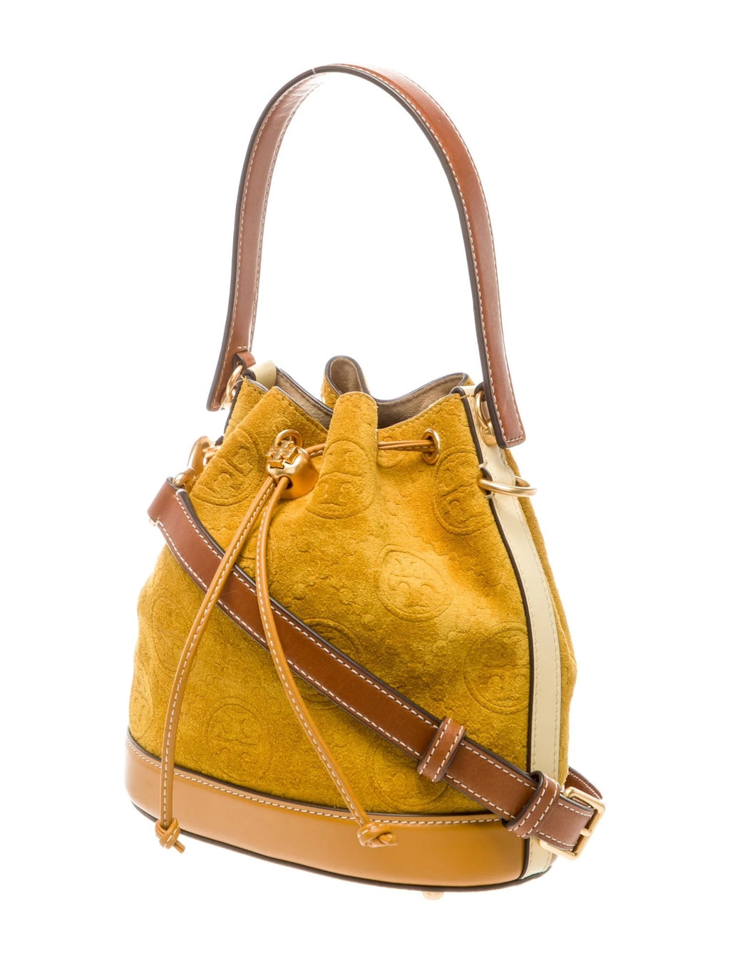 TORY BURCH MONOGRAM EMBOSSED SUEDE BUCKET BAG
