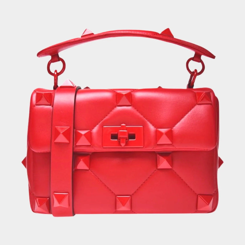 VALENTINO GARAVANI ROMAN STUD NAPPA LEATHER SHOULDER BAG IN ROUGE