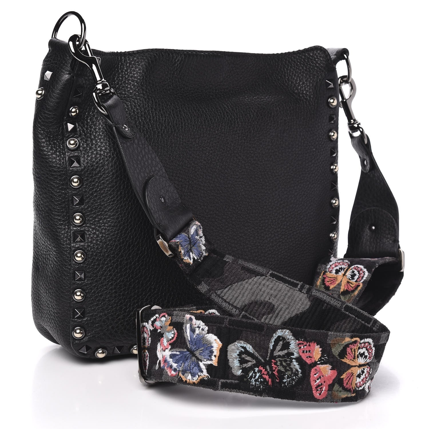 VALENTINO GARAVANI ROCKSTUD NOIR CALFSKIN LEATHER GUITAR HOBO BAG