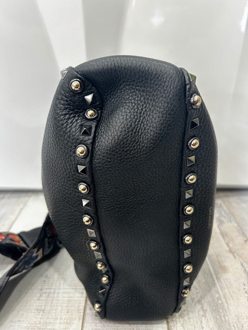 VALENTINO GARAVANI ROCKSTUD NOIR CALFSKIN LEATHER GUITAR HOBO BAG