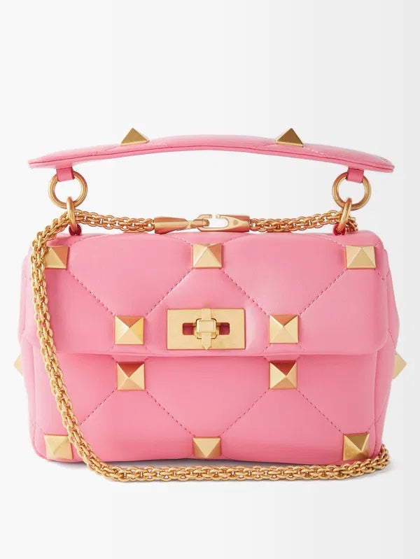 VALENTINO ROMAN STUD LARGE NAPPA LEATHER SHOULDER BAG IN PINK