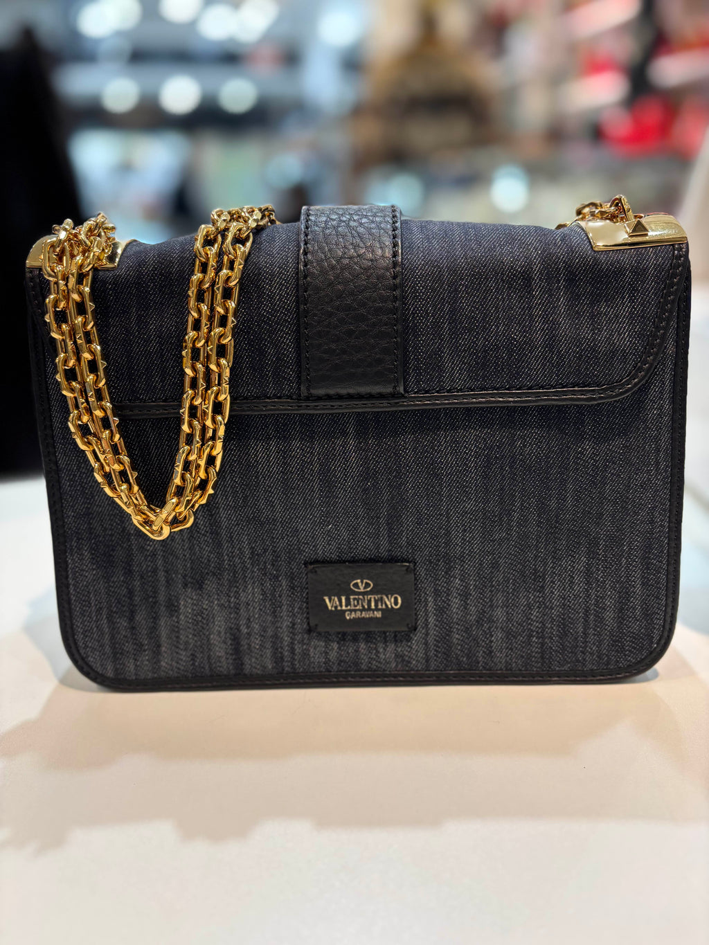 VALENTINO GARAVANI B ROCKSTUD DENIM CROSSBODY BAG