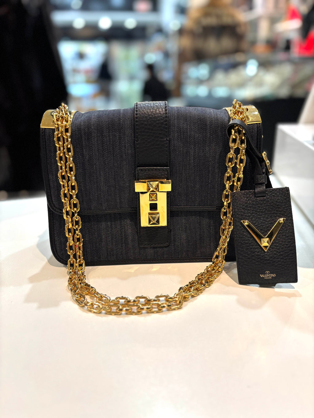 VALENTINO GARAVANI B ROCKSTUD DENIM CROSSBODY BAG