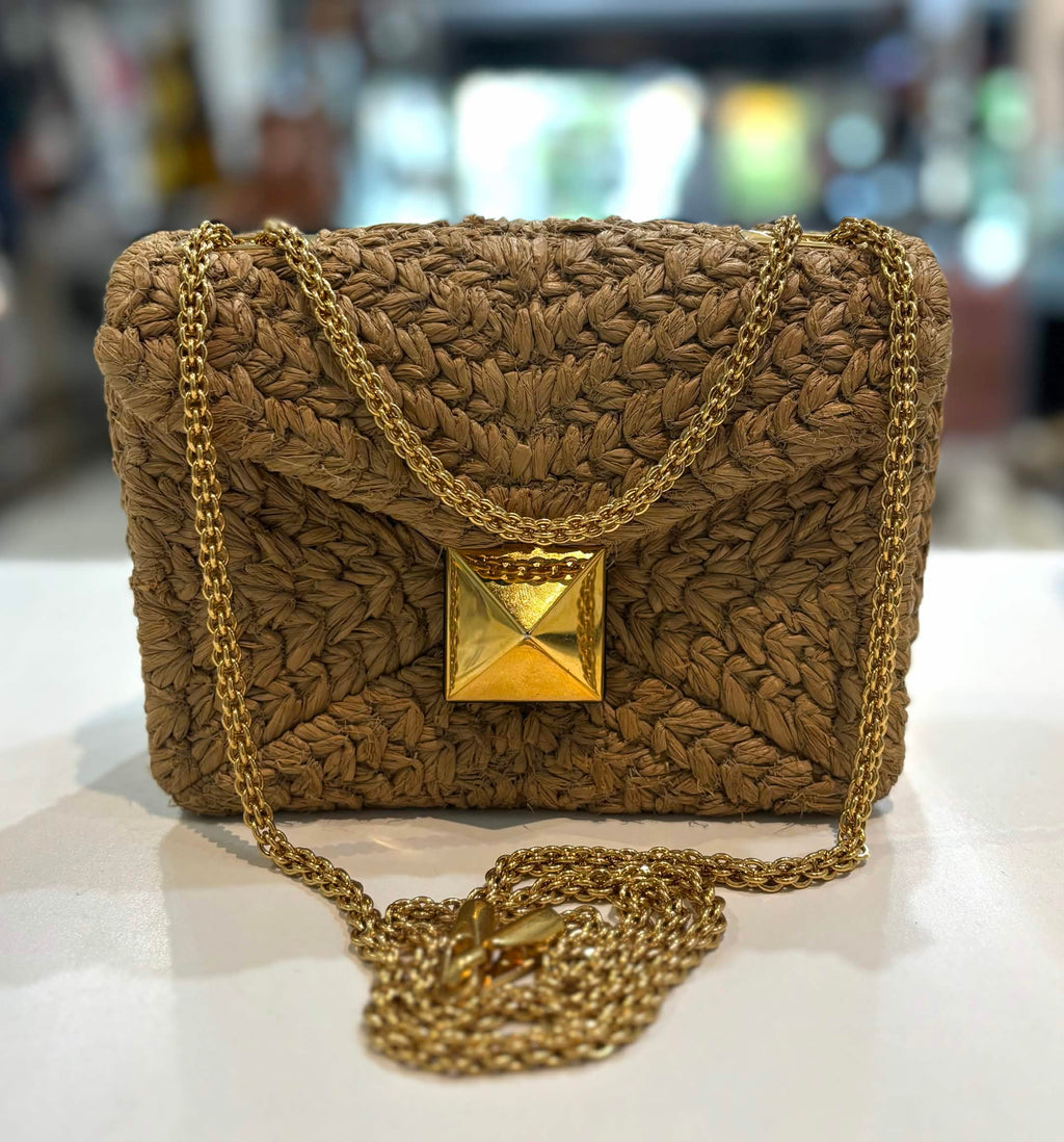 VALENTINO ROMAN ONE STUD RAFFIA & LAMBSKIN LEATHER BAG