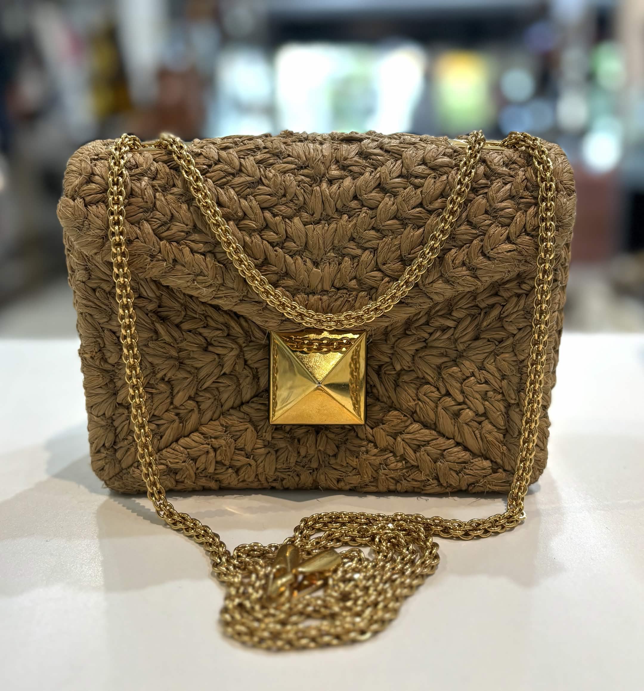 VALENTINO ROMAN ONE STUD RAFFIA & LAMBSKIN LEATHER BAG