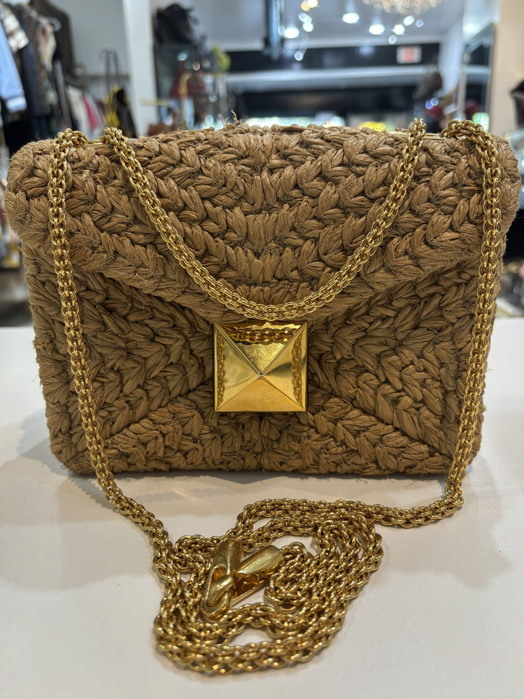 VALENTINO ROMAN ONE STUD RAFFIA & LAMBSKIN LEATHER BAG