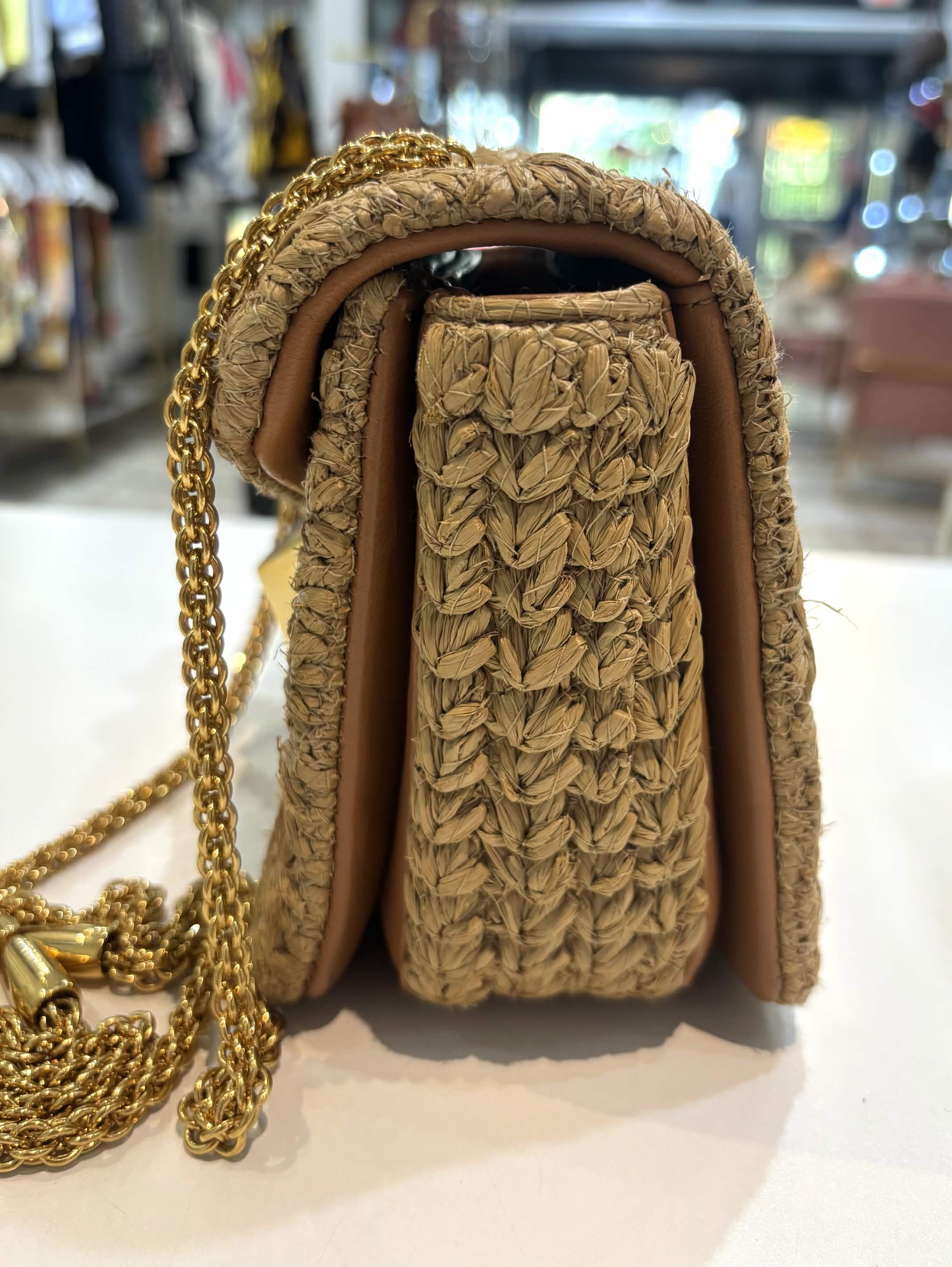 VALENTINO ROMAN ONE STUD RAFFIA & LAMBSKIN LEATHER BAG