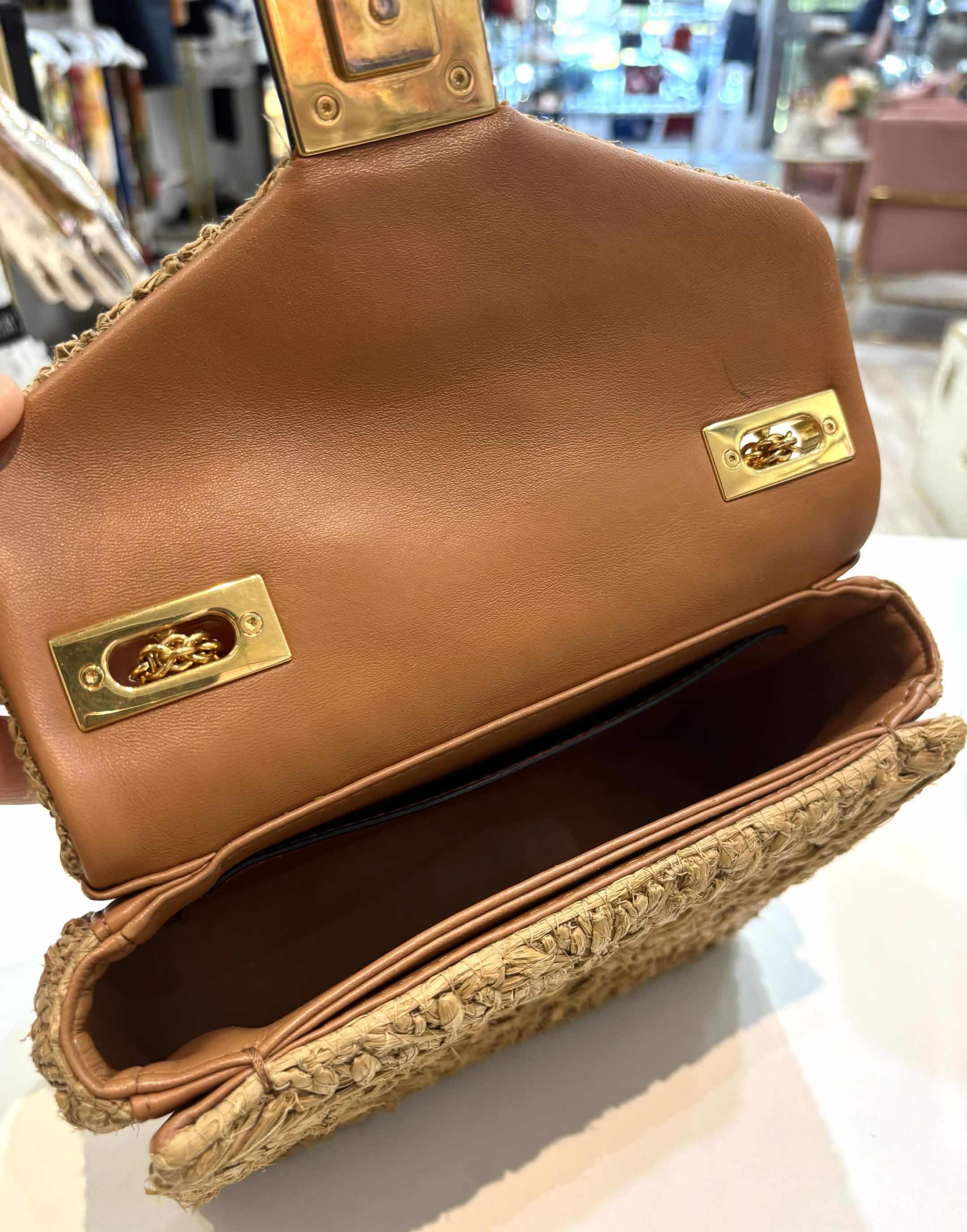 VALENTINO ROMAN ONE STUD RAFFIA & LAMBSKIN LEATHER BAG