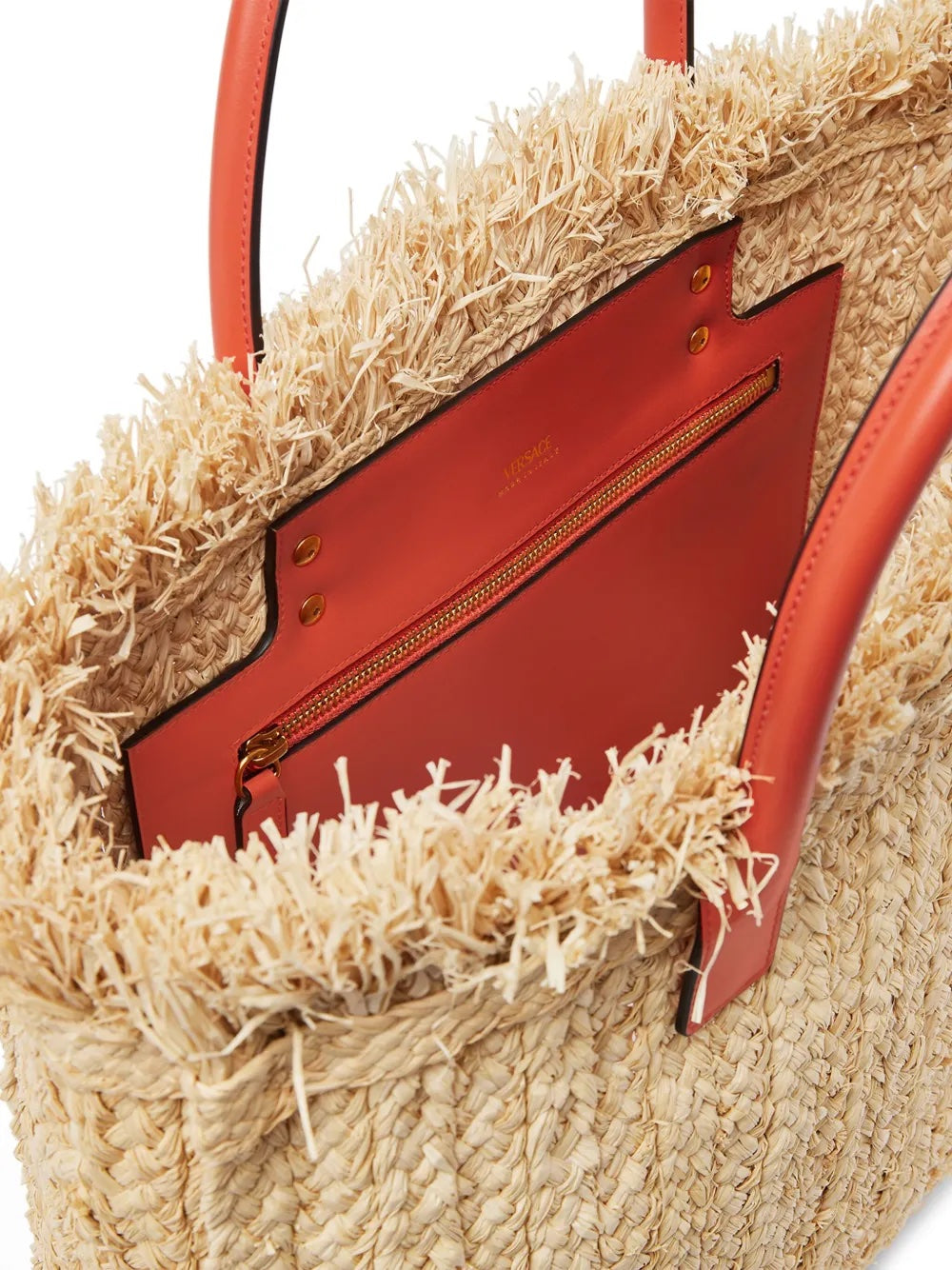 VERSACE APPLIQUED EMBELLISHED LEATHER TRIM RAFFIA TOTE BAG