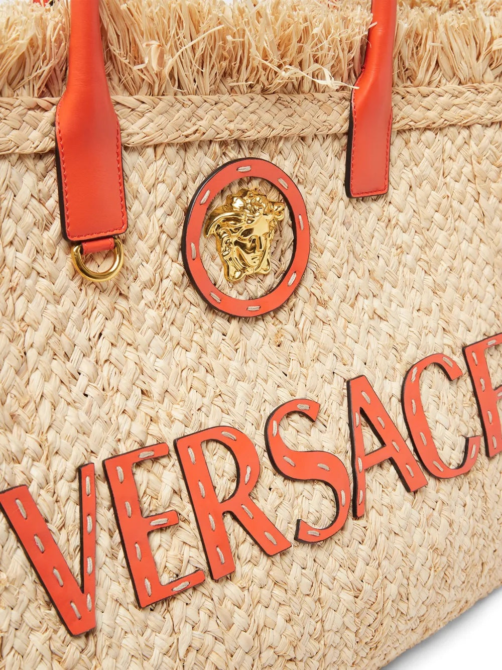VERSACE APPLIQUED EMBELLISHED LEATHER TRIM RAFFIA TOTE BAG