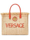 VERSACE APPLIQUED EMBELLISHED LEATHER TRIM RAFFIA TOTE BAG