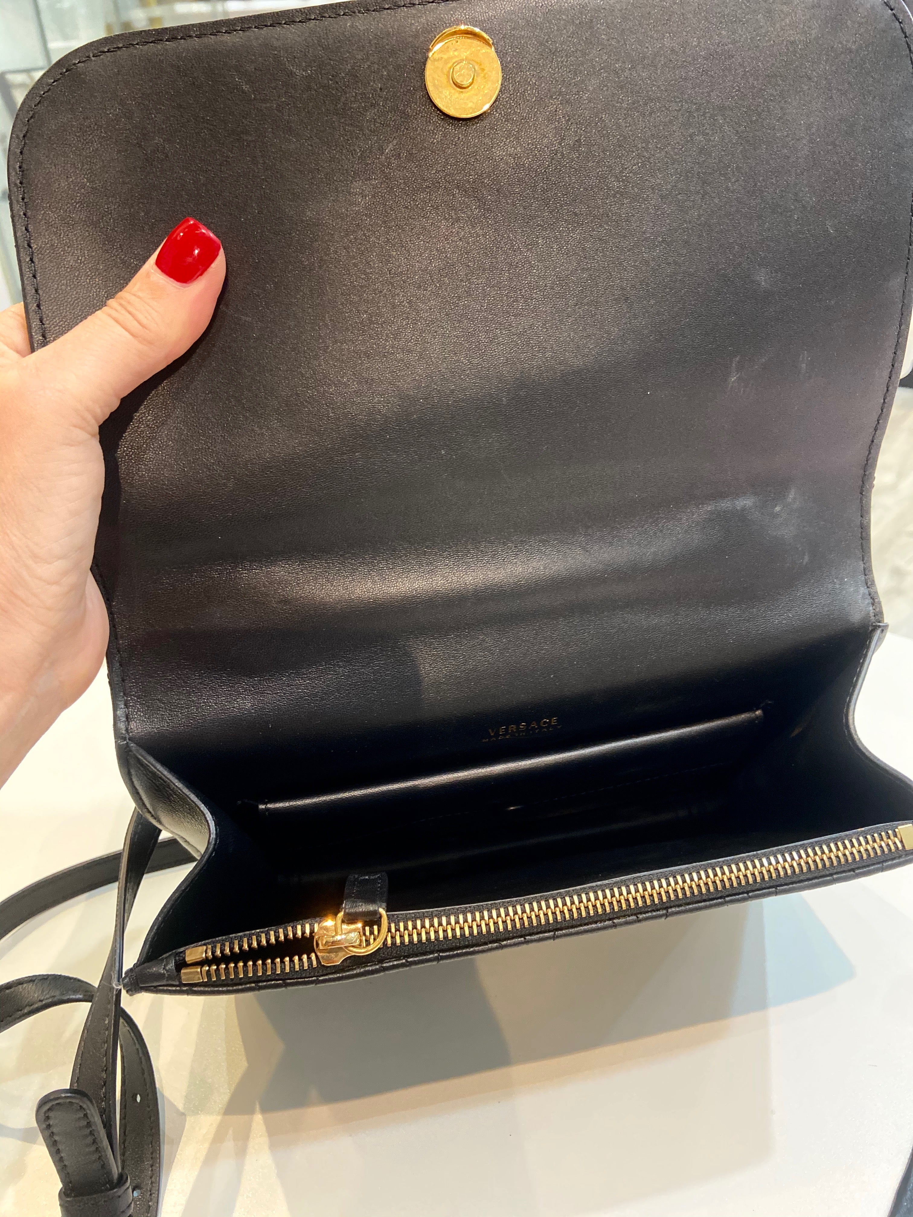 VERSACE VIRTUS V SHAPE QUILTED NAPPA LEATHER SHOULDER BAG