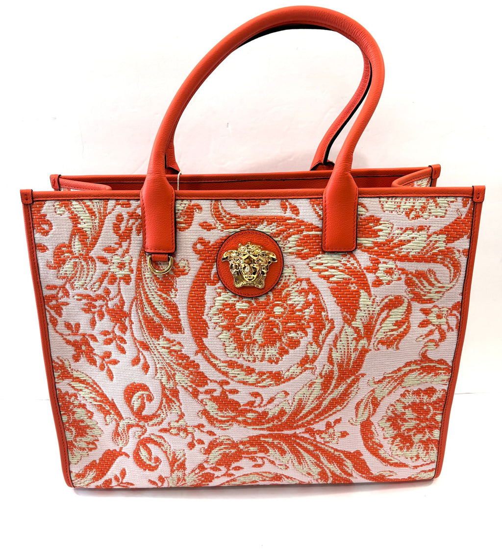 VERSACE BAROCCO RAFIA & LEATHER GOLD MEDUSA LARGE TOTE